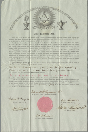 Raymond Supreme Council expulsion certificate for Charles R. Starkweather, John Christie, and Albert Case, 1862 July 31