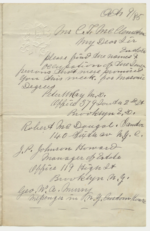 Letter from Peter W. Ray to Charles T. McClenachan, 1895 October 9