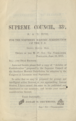 Published copy of the Southern Jurisdiction’s articles of confederation : between the Supreme Councils of the thirty-third degree of the Ancient and accepted Scottish Rite of Freemasonry, to be considered by the congress of the same at Lausanne, 1875 June 10