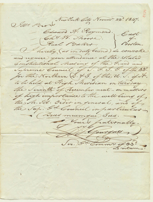 Handwritten summons from Sovereign Grand Commander John James Joseph Gourgas to Edward A. Raymond, 1847 November 22