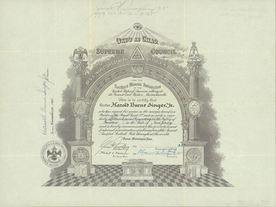32° member certificate issued by the Valley of Trenton to Harold Burns Singer, Jr., 1965 November 20