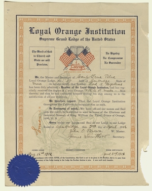 Membership certificate issued by Cambridge True Blue Loyal Orange Lodge, No. 17, to Fred A. Hopkins, 1916 April 3