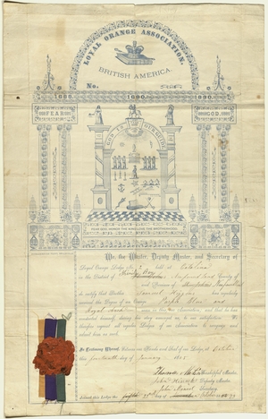 Membership certificate issued by Morning Star Loyal Orange Lodge, No. 2, to Samuel Higgens, 1885 January 14