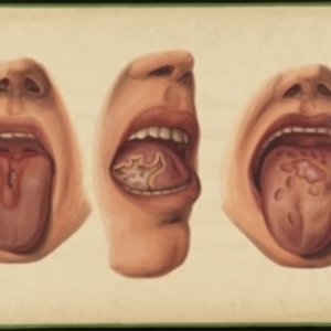 Teaching watercolor of tongue ulcers and papules caused by venereal disease