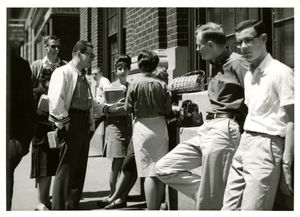 A group of Suffolk University students hang out on campus