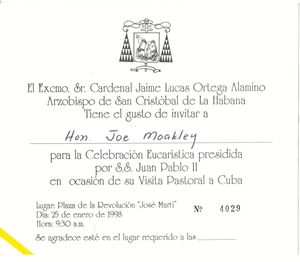 John Joseph Moakley's invitation to Eucharist celebration in Cuba, 25 January 1998