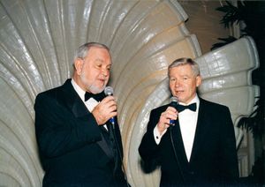 John Joseph Moakley (left) and William Bulger (right) singing at Moakley's Silver Jubilee event