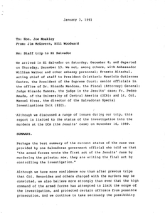 Memorandum to John Joseph Moakley from James P. McGovern and William Woodward summarizing the staff trip to El Salvador, 3 January 1991