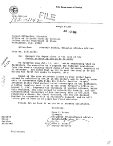 Letter to Carmen DiPlacido, Director, Office of Citizens of Citizens Consular Services, U.S. Department of State from Drew C. Arena, Director, Office of International Affairs, Criminal Division regarding request for depositions in the case of the Jesuit murders in El Salvador, 12 August 1991