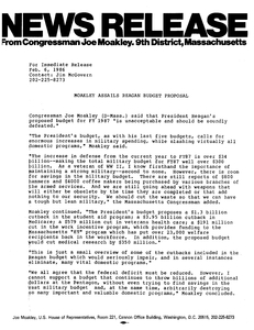Press release: "Moakley assails Reagan budget proposal"