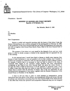 Letter and report from Deputy Minister of Defense Colonel Cav. Juan Orlando Zepeda to John Joseph Moakley regarding summary of 2/12/1990 meeting and clarifications of his responses given at that meeting, 12 February 1990, 9 March 1990