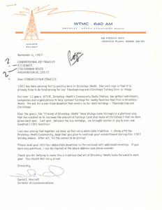 Fundraising letter from David E. Worrell of the Bromley-Heath Community Radio Station (WTMC) to John Joseph Moakley, 6 November 1987