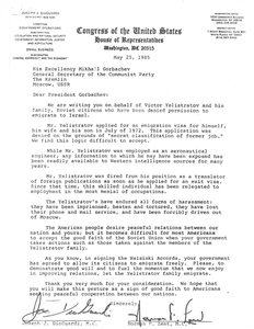 Letter from Congressman John Joseph Moakley to Russian President Mikhail Gorbachev regarding Soviet dissident Victor Yelistratov and his family's denied permission to emigrate to Israel
