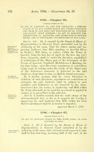 1796 Chap. 0066 An Act In Addition To, And For Repealing A Certain Clause In An Act, Passed March The Twenty Eighth In The Year Of Our Loud One Thousand Seven Hundred And Eighty Eight In Titled "An Act To Prevent The Destruction Of Alewives, And Other Fish In Ipswich River, And To Encourage The Encrease Of The Same."