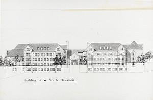 Architectural drawing of Building A - North Elevation, possibly of Voute Hall