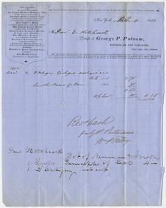 Edward Hitchcock receipt of payment to G. P. Putnam & Co., 1852 March 4