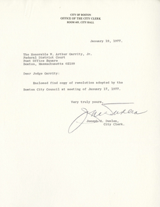 Letter from Joseph M. Dunlea, City Clerk, to Judge W. Arthur Garrity containing a Boston City Council Resolution, 1977 January 17