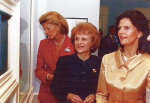 Queen Sylvia of Sweden during private tour of Kennedy Library with Ted Kennedy as tour guide