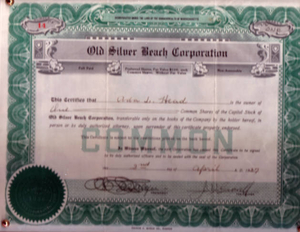 Stock certificate #1--Old Silver Beach Corporation