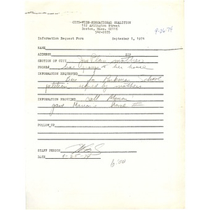 Information request form, September 1974.