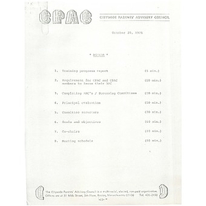 Citywide Parents' Advisory Council agenda and meeting minutes, October 20, 1976.
