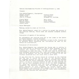 Special sub-committee minutes of meeting - October 2, 1985.