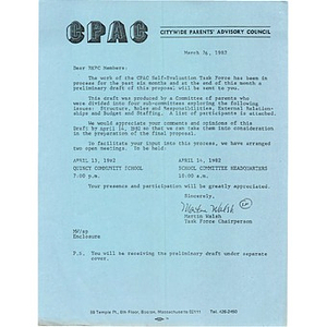 Letter, racial Ethnic Parent Council members, March 26, 1982.