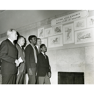 From left to right, Dwight C. Shepler, Robert A. Price, Ronald Lumpkins, Bayard Henry, and Tyrone Simmons view the Boys' Clubs of Boston Art Exhibit at the State Street Bank and Trust Company