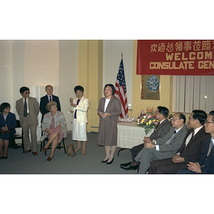 Member of the Chinese Progressive Association addresses members of the Consulate General of the People's Republic of China and other members of the Chinese Progressive Association at a welcome party for the Consulate General