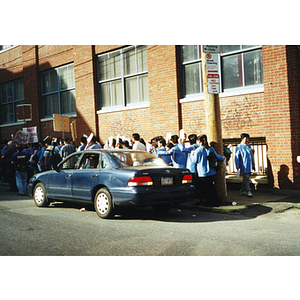 Protesters at a demonstration for workers' rights