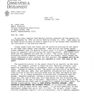 Correspondence from the Massachusetts Executive Office of Communities and Development requesting the quarterly report for the Chinese Workers' Education Project