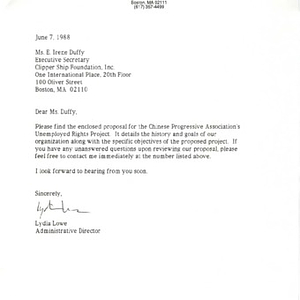 Proposal to the Clipper Ship Foundation requesting a $10,000 grant to support the Chinese Progressive Association's Unemployment Rights Project