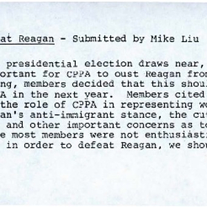 Opinion article by Mike Liu, titled, "The Need to Defeat Reagan," submitted for publication in the Chinese Progressive Association's newsletter