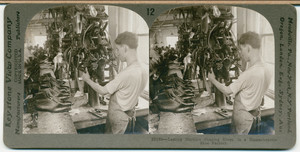 Lasting machine shaping shoes in a Massachusetts shoe factory