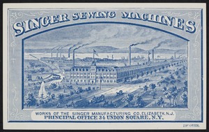 Trade card for Singer Sewing Machines, 34 Union Square, New York, New York, undated