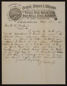 Letterhead for Dunbar, Hobart & Whidden, tacks, wire nails, shoe nails, steel shanks, South Abington Station, Mass., dated March 21, 1882