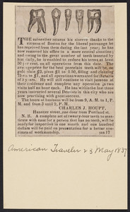 Advertisement for Charles J. Houpt, dentist, Hanover Street, one door from Portland Street, Boston, Mass., January 17, 1837