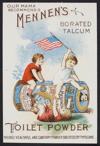 Trade card for Mennen's Borated Talcum Toilet Powder for infants and adults, G. Mennen Chemical Co., 577 Broad Street, Newark, New Jersey, undated