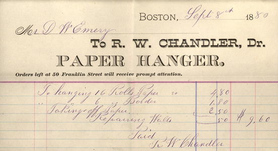Billhead for R.W. Chandler, Dr., paper hanger, 50 Franklin Street, Boston, Mass., dated September 8, 1880