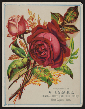 Trade card for the Central Boot and Shoe Store, G.H. Searle, West Gardner, Mass., undated