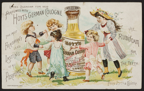 Trade card for Hoyt's German Cologne and Rubifoam, E.W. Hoyt & Co., Lowell, Mass., 1892