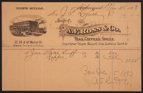 Billhead for A.F. Ross & Co., teas, coffees, spices, 37, 39 & 41 Water Street, Newburyport, Mass., dated November 25, 1893