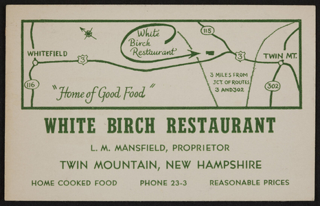 Trade card for the White Birch Restaurant,Twin Mountain, New Hampshire, undated