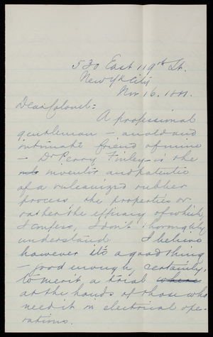 Joseph W. Parker to Thomas Lincoln Casey, November 16, 1881