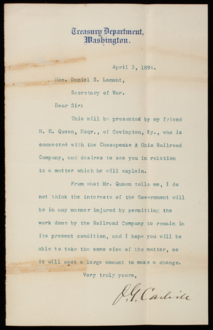 John G. Carlisle to Daniel S. Lamont to Thomas Lincoln Casey, April 3, 1894, copy
