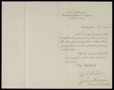 John F. Paret and J. Loring Whittington to Thomas Lincoln Casey, November 1, 1881