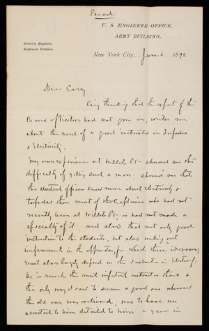 [Cyrus] B. Comstock to Thomas Lincoln Casey, June 3, 1890