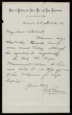 [Bernard] R. Green to Thomas Lincoln Casey, December 6, 1887