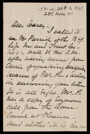 Robert Weir to Thomas Lincoln Casey, November 23, 1891