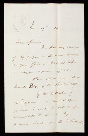 [John G.] Barnard to Thomas Lincoln Casey, June 17, 1870